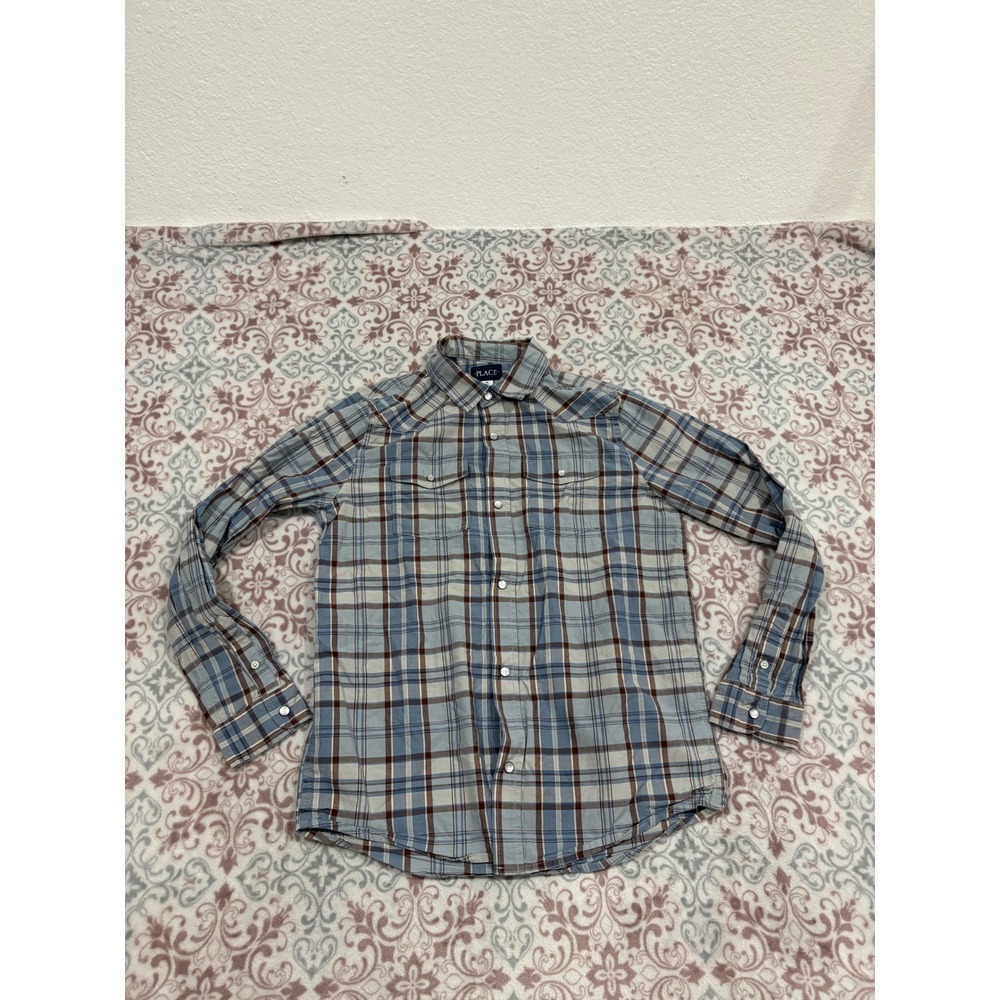 The Childrens Place Boys Blue Brown Plaid Western Snap Button Shirt Size 14 XL